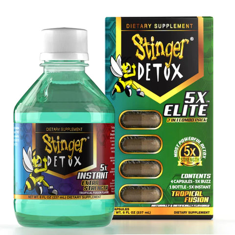 Stinger Detox 5x Elite Combo Pack | Tropical Fruit | 5x Instant - 8 OZ | 5x Buzz Caps - 4 Ct